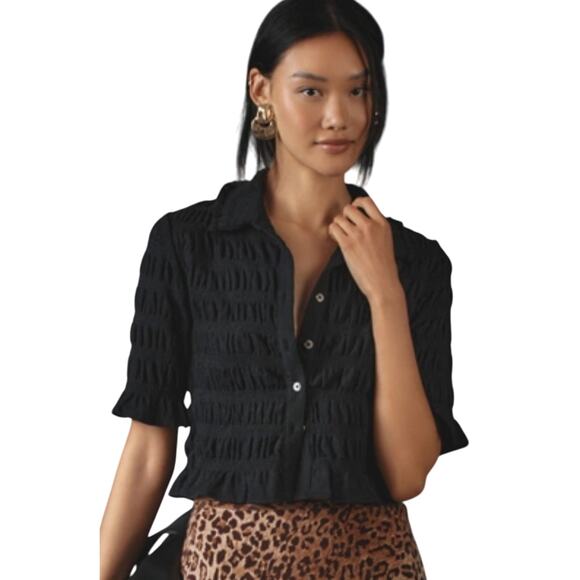 NEW Maeve for Anthropologie Smocked Button-Front Top Women’s Size Small Black - Picture 1 of 11